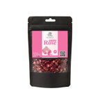 Black stand-up window pouch package displaying pure dried Rose Petals Rosa damascena Gulab Ki Pattiyan by Herby Factor Pakistan