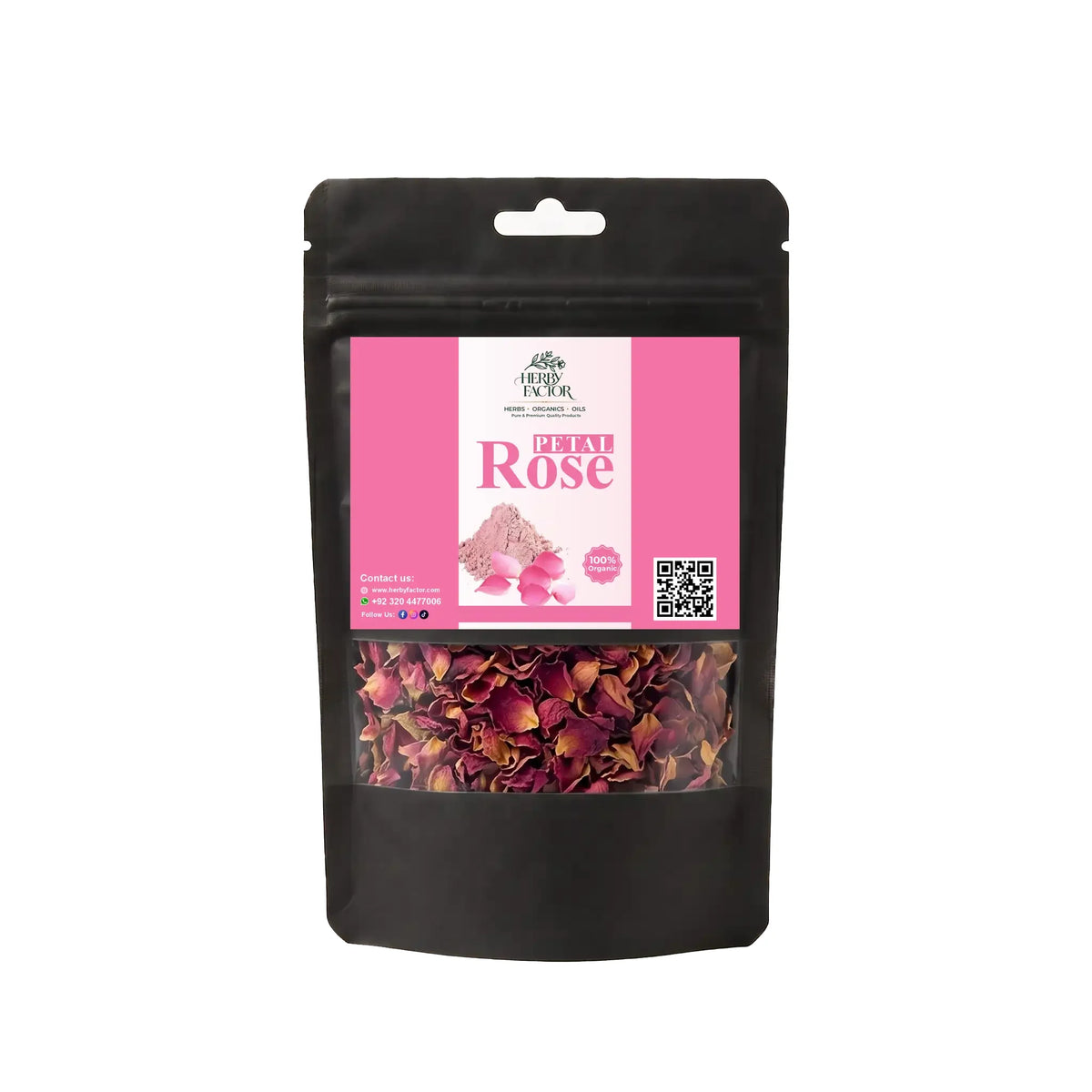 Black stand-up window pouch package displaying pure dried Rose Petals Rosa damascena Gulab Ki Pattiyan by Herby Factor Pakistan