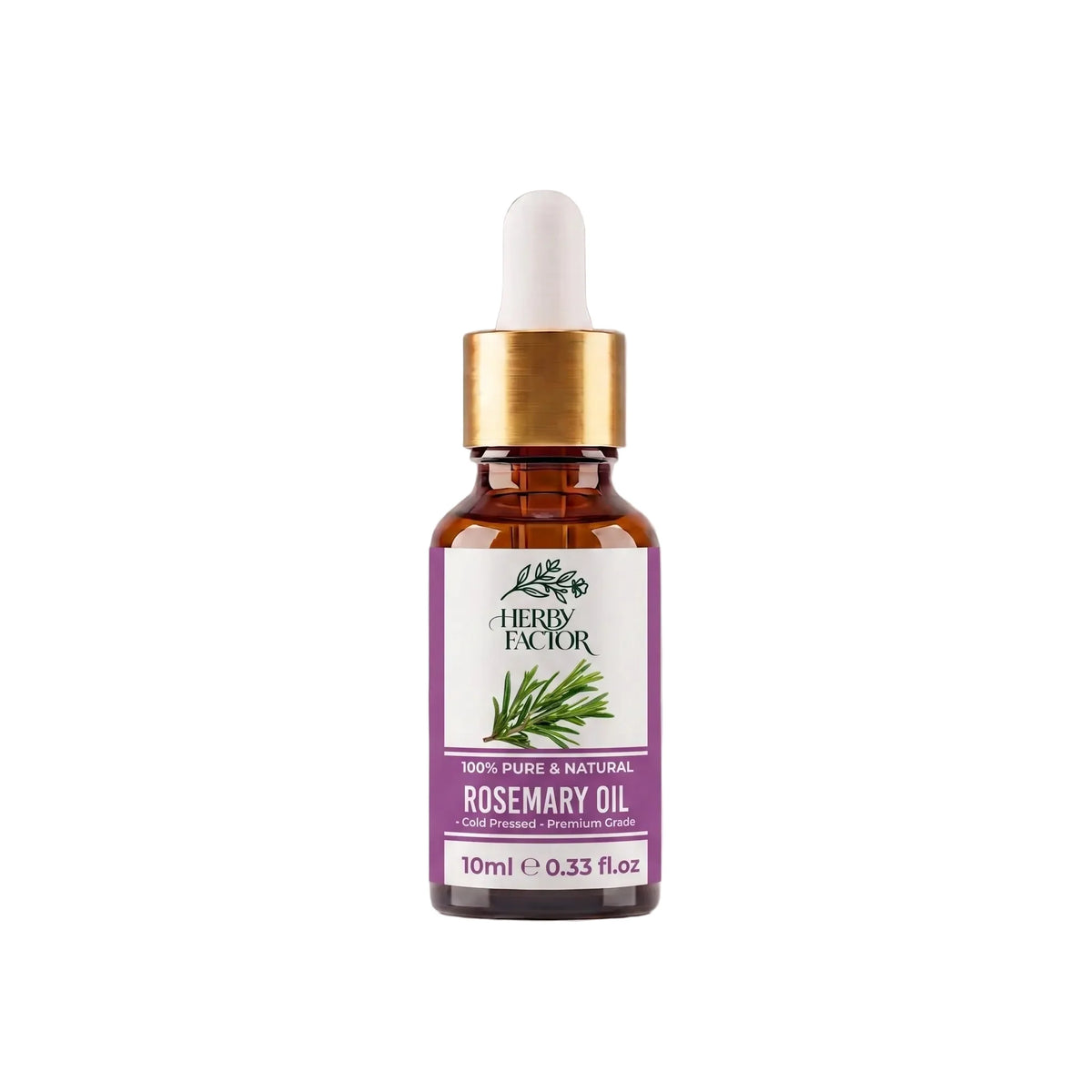 A 10ml bottle of of pure premium steam-distilled Rosemary Essential Oil Rosmarinus officinalis Roghan e Akleel ul Jabal by Herby Factor Pakistan with a white dropper cap, gold collar, and amber glass bottle, set against a light gray background with a soft reflection below.