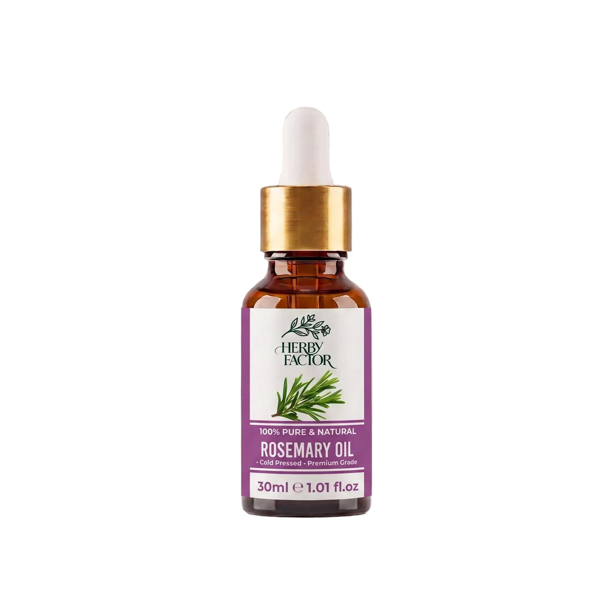 A 30ml bottle of of pure premium steam-distilled Rosemary Essential Oil Rosmarinus officinalis Roghan e Akleel ul Jabal by Herby Factor Pakistan with a white dropper cap, gold collar, and amber glass bottle, set against a light gray background with a soft reflection below.
