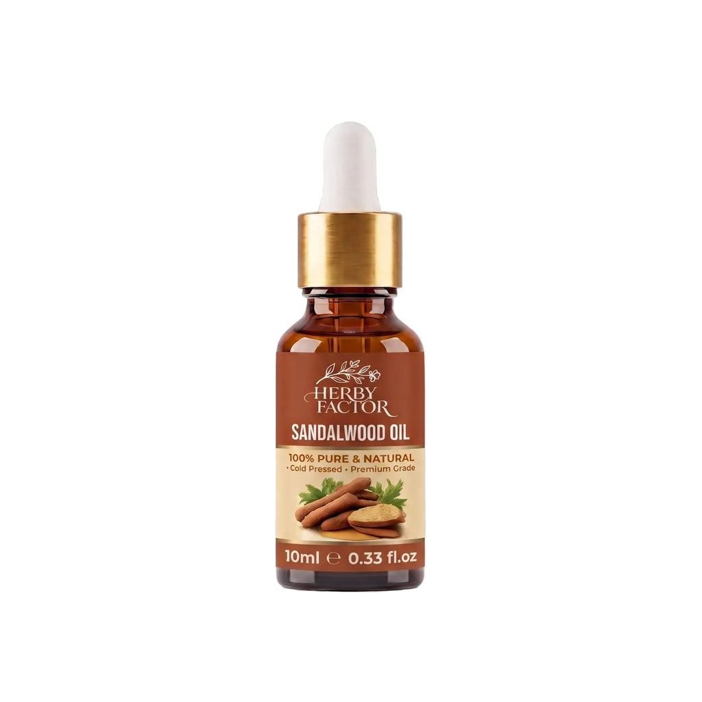 A 10ml bottle of Herby Factor Sandalwood Oil Roghan-e-Sandal with a white dropper cap, gold collar, and brown label, set against a light gray background with a soft reflection.