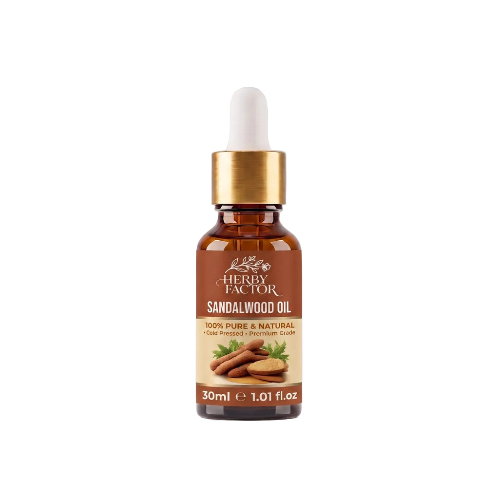A 30ml bottle of Herby Factor Sandalwood Oil Roghan-e-Sandal with a white dropper cap, gold collar, and brown label, set against a light gray background with a soft reflection.