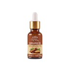 A 30ml bottle of Herby Factor Sandalwood Oil Roghan-e-Sandal with a white dropper cap, gold collar, and brown label, set against a light gray background with a soft reflection.