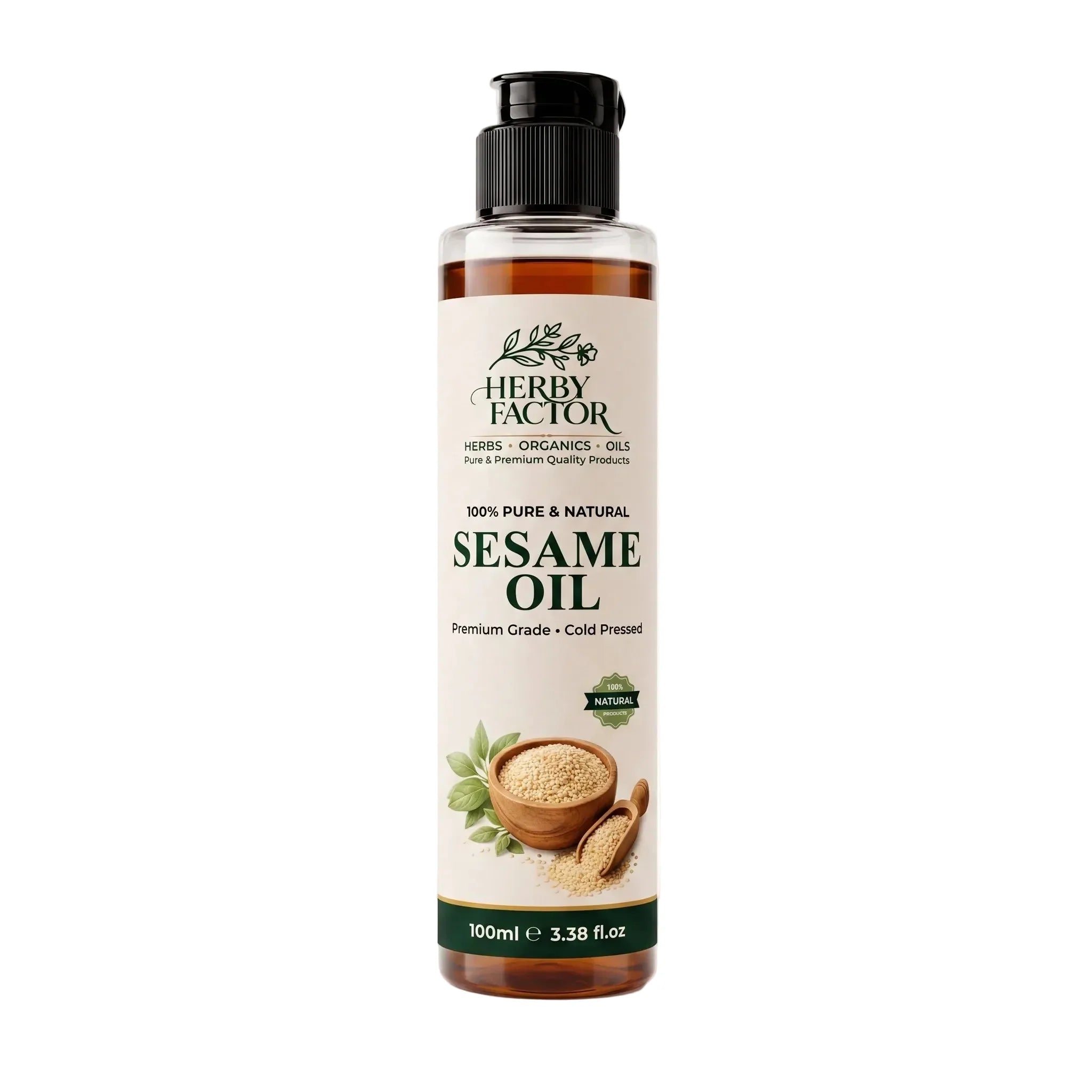 A 100ml bottle of Herby Factor Sesame Oil Sesamum Indicum Roghan e Tilon a clean white background. The bottle is clear plastic showing the golden-brown oil inside, topped with a black flip-top cap.