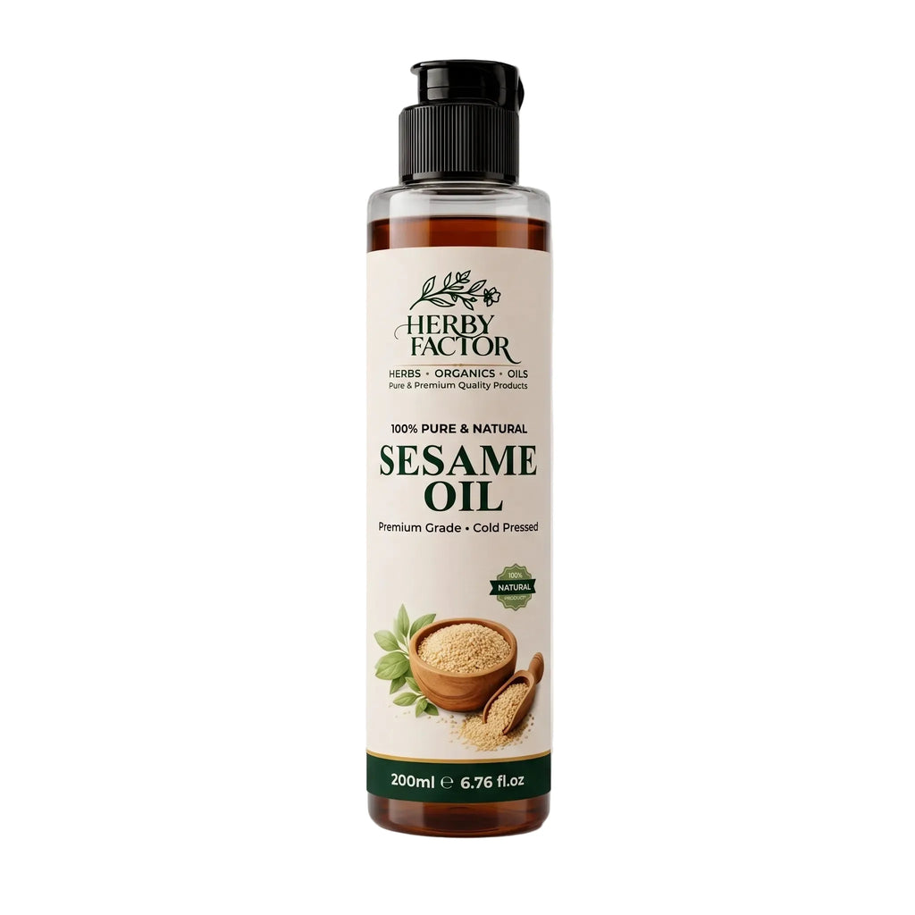 A 200ml bottle of Herby Factor Sesame Oil Sesamum Indicum Roghan e Tilon a clean white background. The bottle is clear plastic showing the golden-brown oil inside, topped with a black flip-top cap.