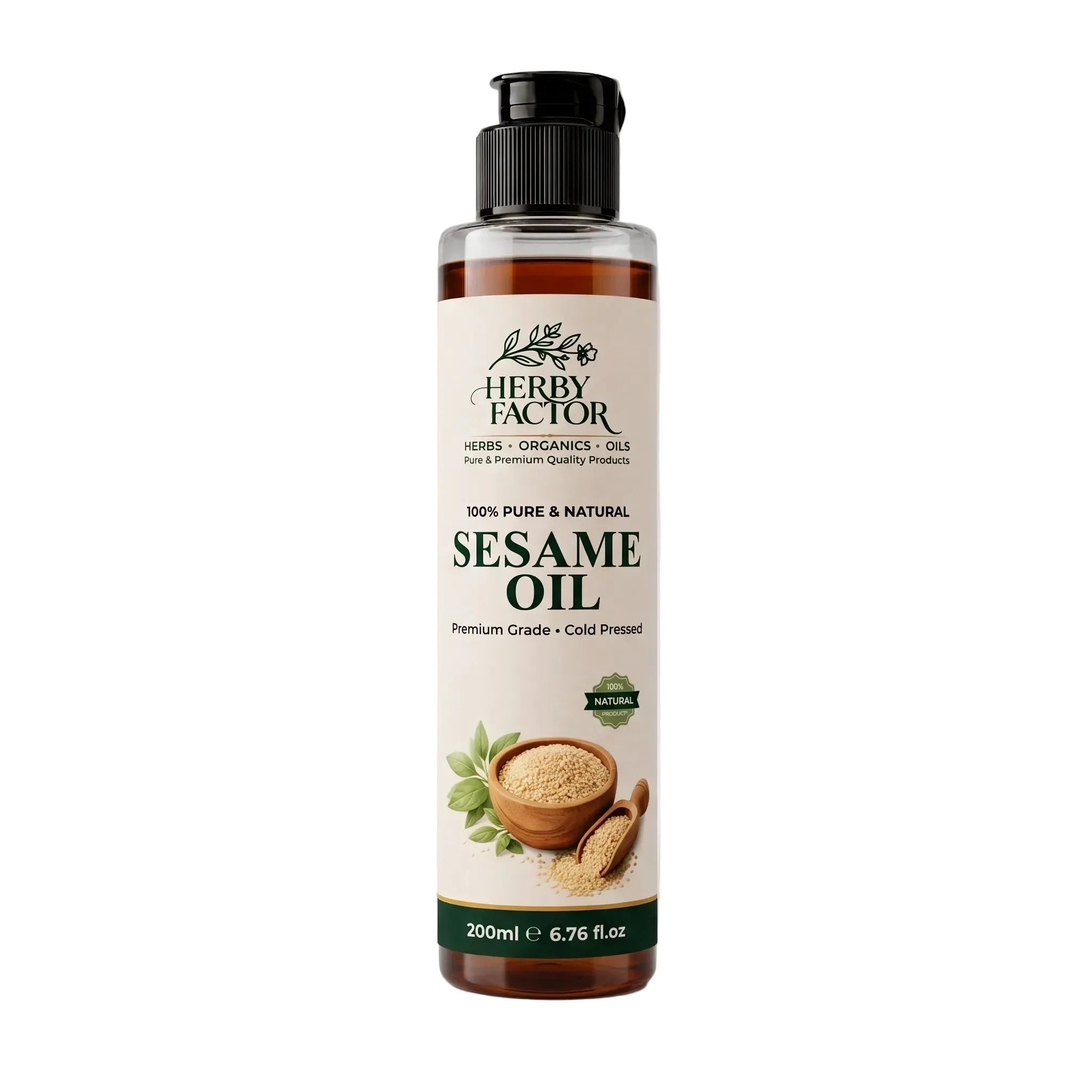 A 200ml bottle of Herby Factor Sesame Oil Sesamum Indicum Roghan e Tilon a clean white background. The bottle is clear plastic showing the golden-brown oil inside, topped with a black flip-top cap.