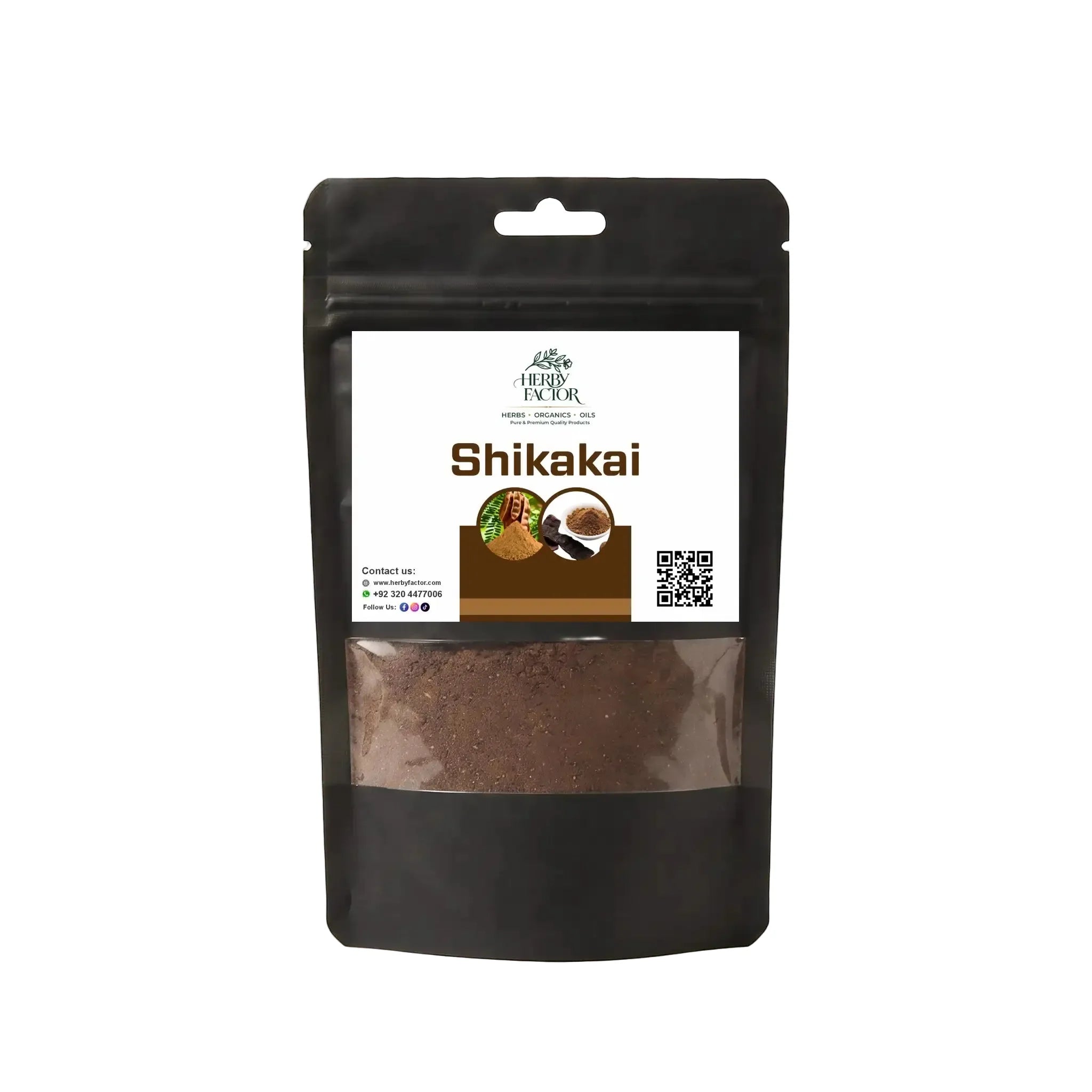 Black stand-up window pouch package displaying pure raw Shikakai Acacia concinna by Herby Factor Pakistan