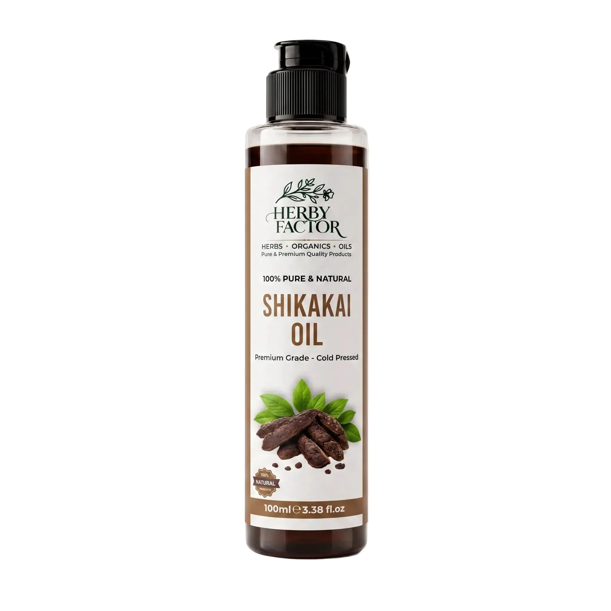 A 100ml bottle of Herby Factor Shikakai Oil, Acacia Concinna Roghan e Shikakai featuring a clear plastic bottle showing the dark brown oil inside, a black flip-top cap, and a white label with brown and green text and graphics.