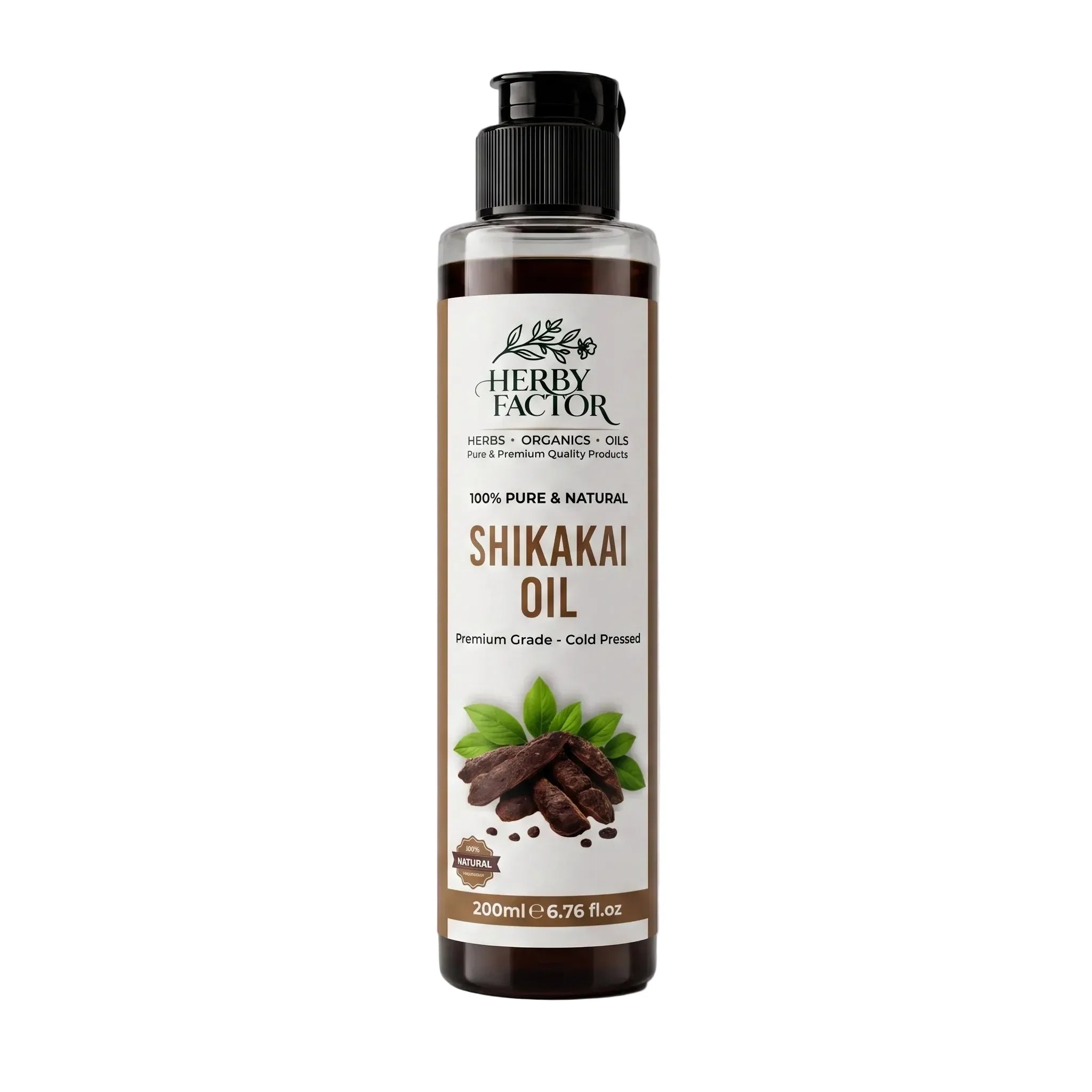A 200ml bottle of Herby Factor Shikakai Oil, Acacia Concinna Roghan e Shikakai featuring a clear plastic bottle showing the dark brown oil inside, a black flip-top cap, and a white label with brown and green text and graphics.