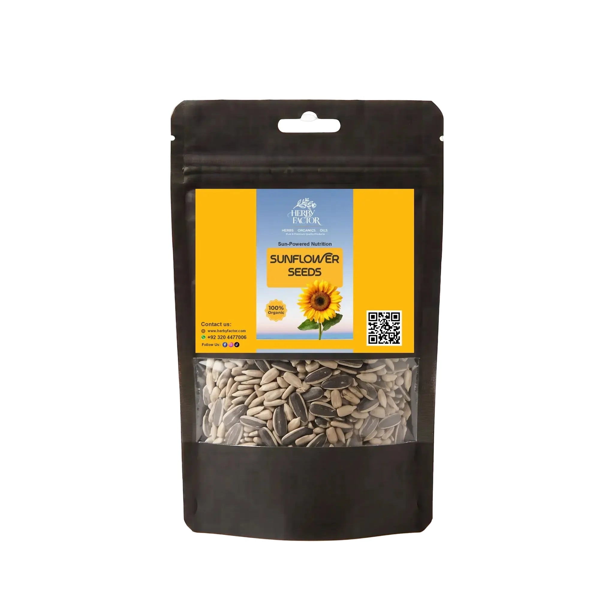 Black stand-up window pouch package displaying pure raw Sunflower Seeds Helianthus annuus Surajmukhi ke Beej by Herby Factor Pakistan