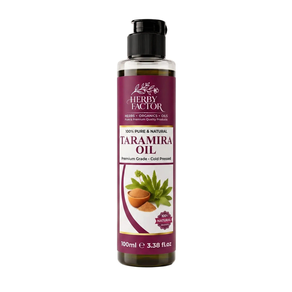 100ml clear bottle displaying dark pure cold-pressed Taramira Oil Jamba Oil Eruca sativa featuring a black flip-top cap and deep purple botanical label on a white background by Herby Factor Pakistan