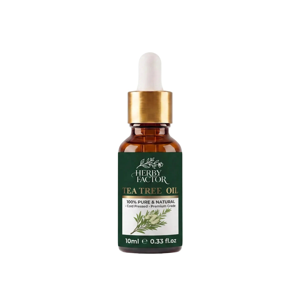 A 10ml amber glass dropper bottle of steam-distilled Herby Factor Tea Tree Oil, Melaleuca Oil, melaleuca-alternifolia by Herby Factor Pakistan