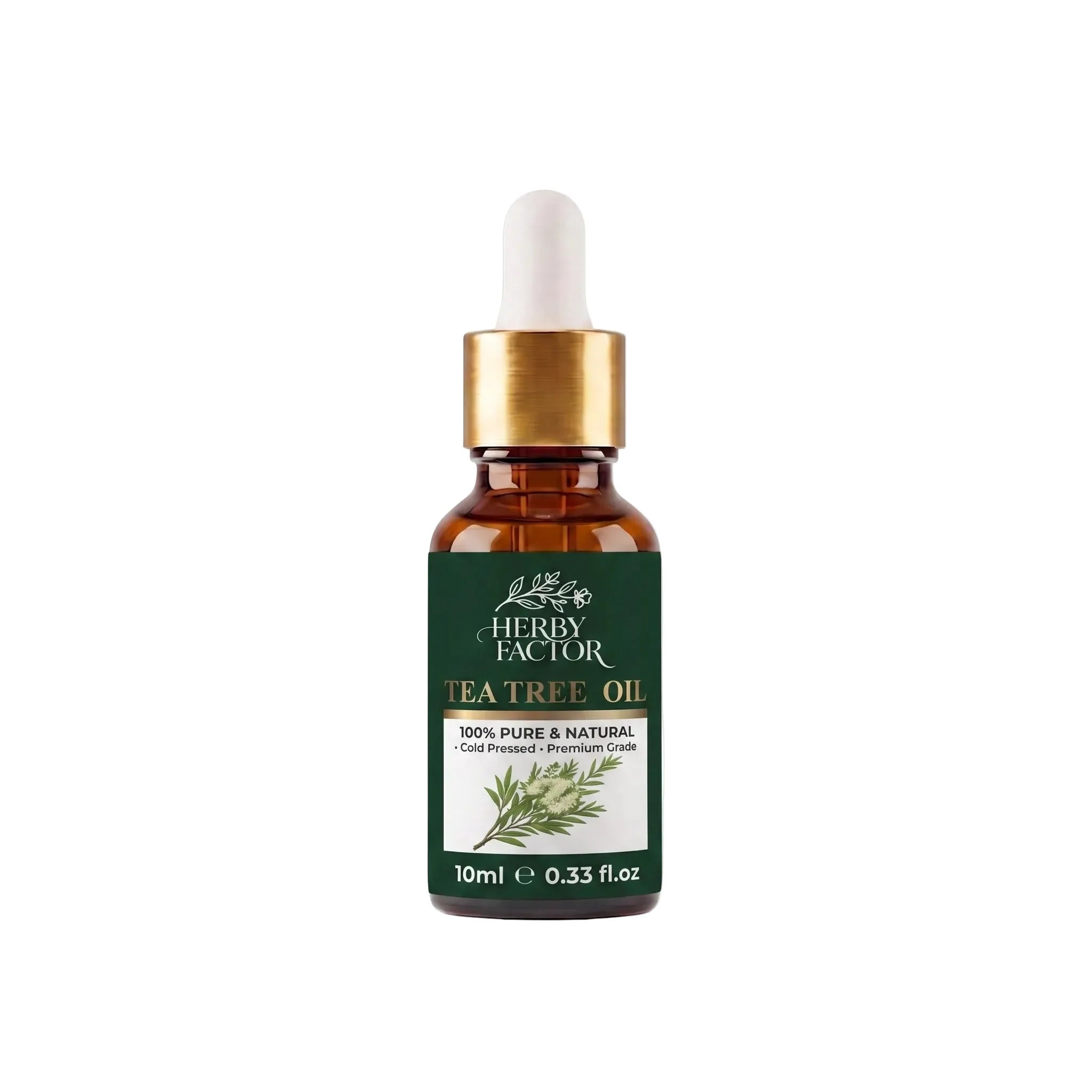 A 10ml amber glass dropper bottle of steam-distilled Herby Factor Tea Tree Oil, Melaleuca Oil, melaleuca-alternifolia by Herby Factor Pakistan