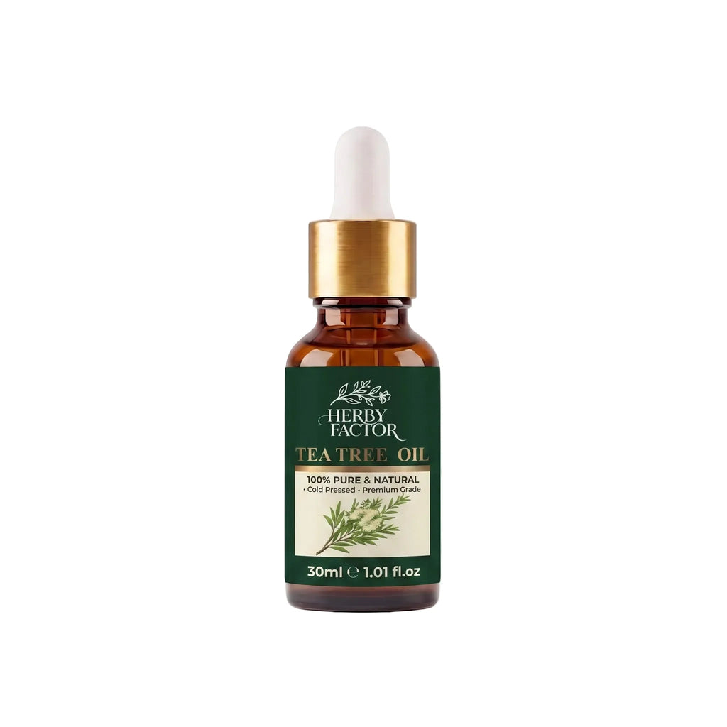 A 30ml amber glass dropper bottle of steam-distilled Herby Factor Tea Tree Oil, Melaleuca Oil, melaleuca-alternifolia by Herby Factor Pakistan