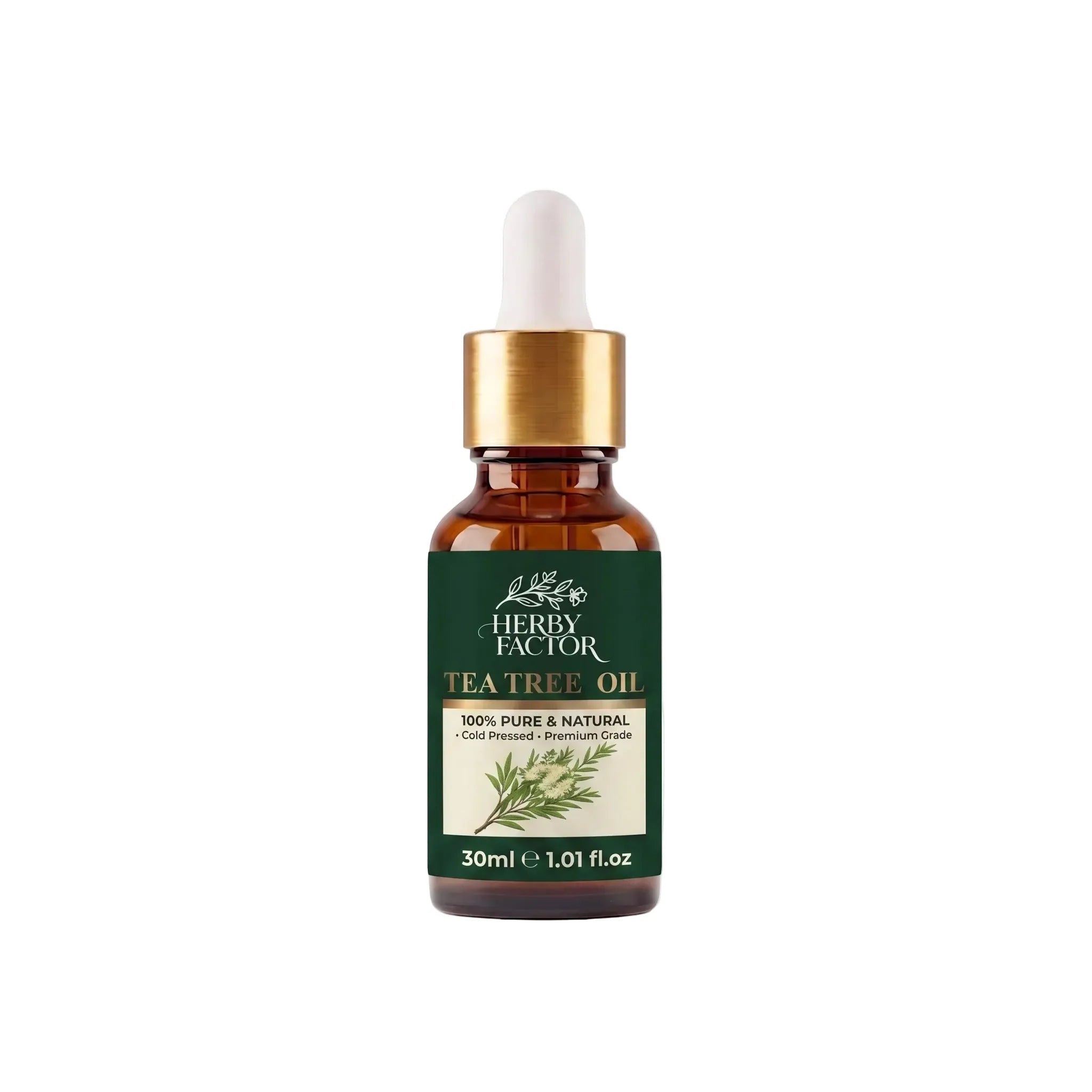 A 30ml amber glass dropper bottle of steam-distilled Herby Factor Tea Tree Oil, Melaleuca Oil, melaleuca-alternifolia by Herby Factor Pakistan