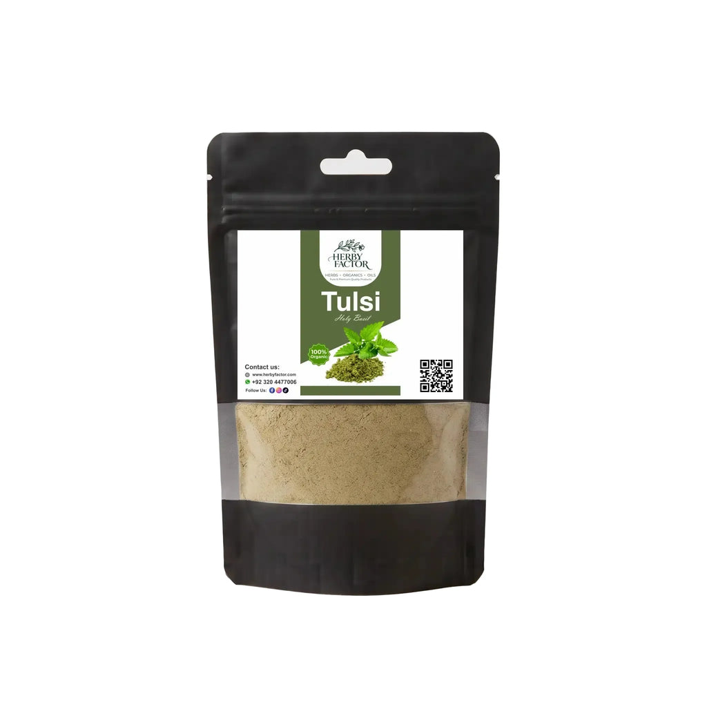 Black stand-up window pouch package displaying pure raw Tulsi Powder Holy Basil Ocimum sanctum by Herby Factor Pakistan