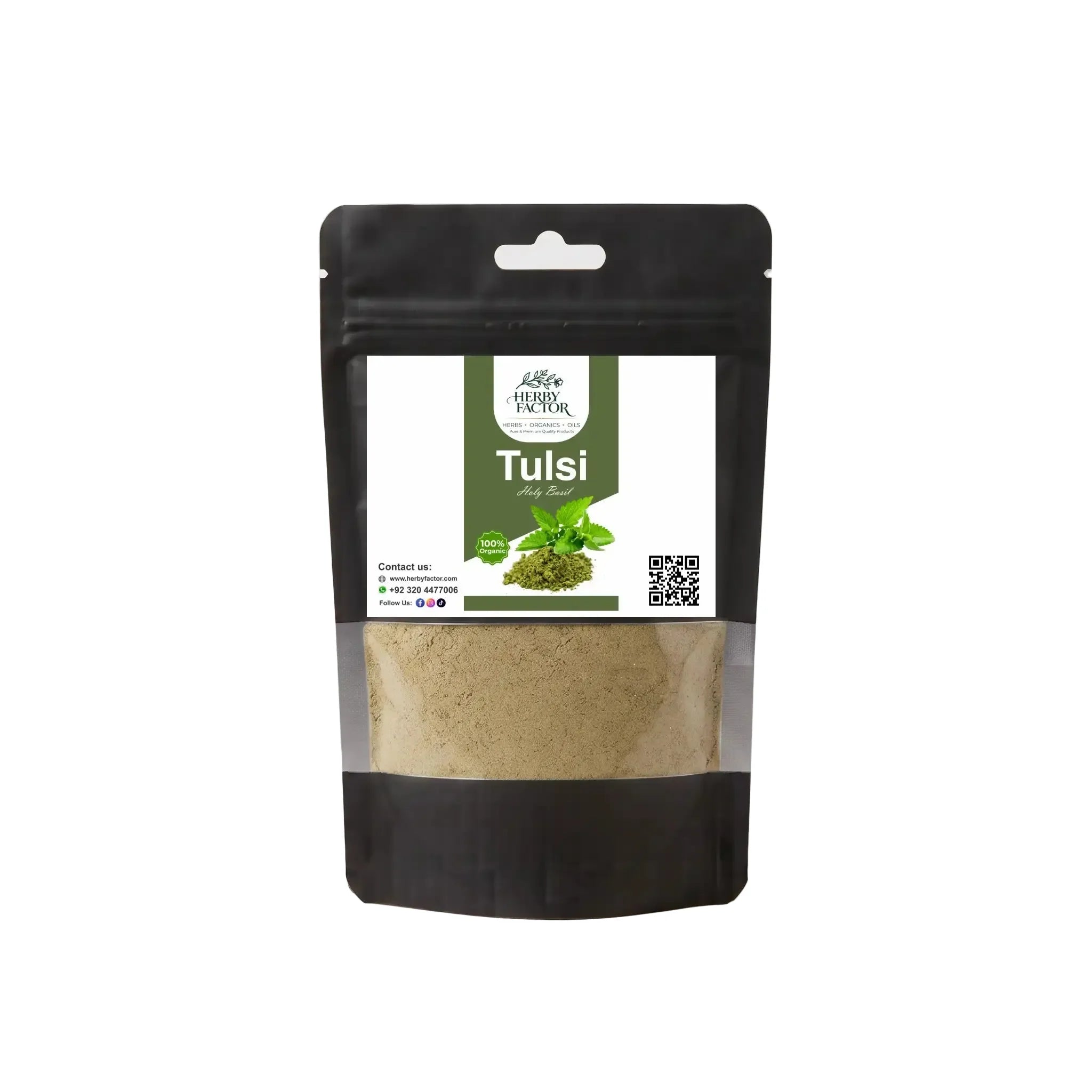 Black stand-up window pouch package displaying pure raw Tulsi Powder Holy Basil Ocimum sanctum by Herby Factor Pakistan