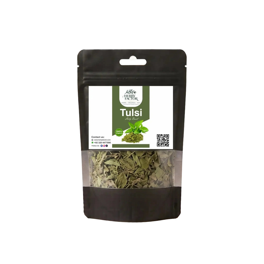A black stand-up window pouch package displaying pure raw Tulsi Leaves Holy Basil Ocimum sanctum by Herby Factor Pakistan