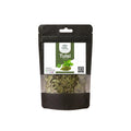A black stand-up window pouch package displaying pure raw Tulsi Leaves Holy Basil Ocimum sanctum by Herby Factor Pakistan