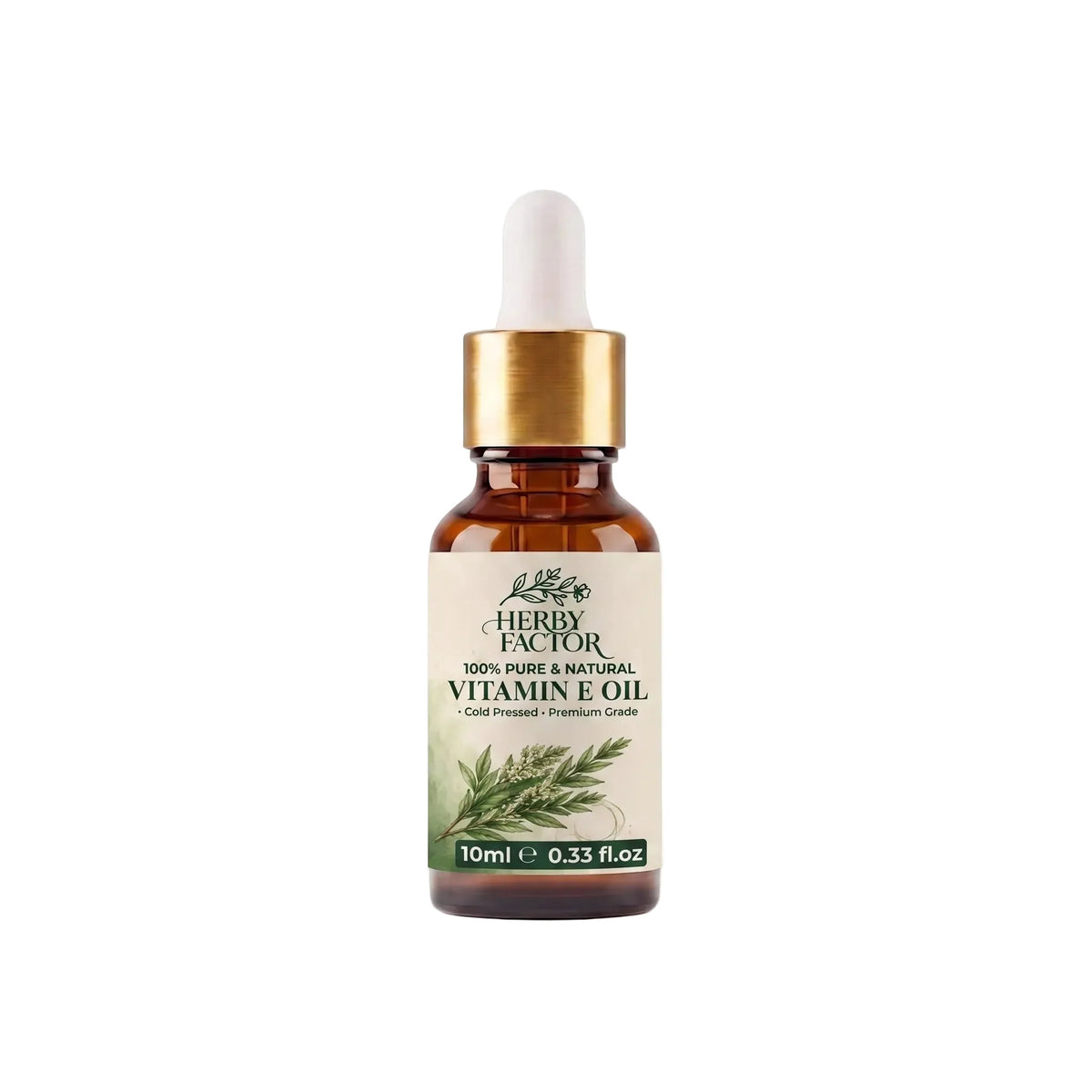 10ml amber glass dropper bottle of pure premium plant-derived Vitamin E Oil by Herby Factor Pakistan
