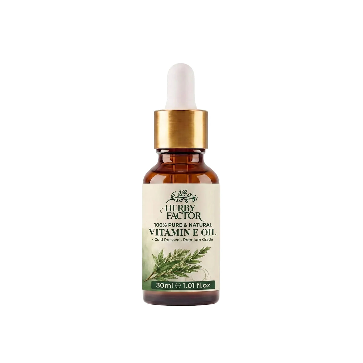 30ml amber glass dropper bottle of pure premium plant-derived Vitamin E Oil by Herby Factor Pakistan