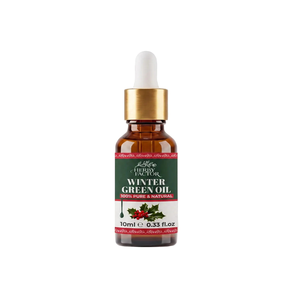 10ml amber glass dropper bottle of pure Wintergreen Oil (Gaultheria procumbens / Roghan-e-Gandhpura) by Herby Factor Pakistan