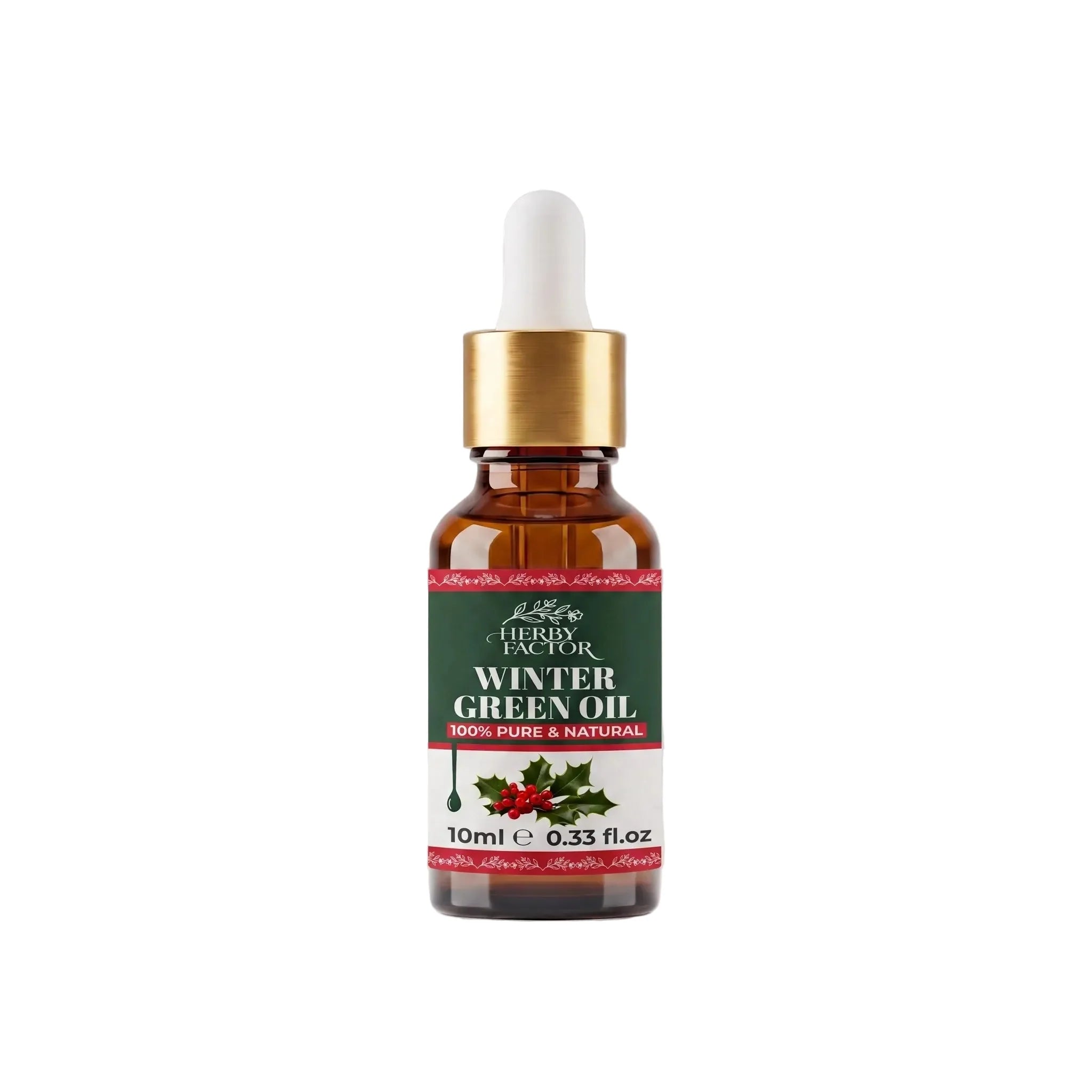 10ml amber glass dropper bottle of pure Wintergreen Oil (Gaultheria procumbens / Roghan-e-Gandhpura) by Herby Factor Pakistan