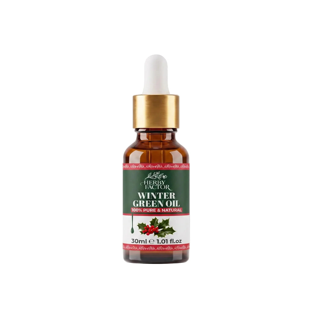 30ml amber glass dropper bottle of pure Wintergreen Oil (Gaultheria procumbens / Roghan-e-Gandhpura) by Herby Factor Pakistan