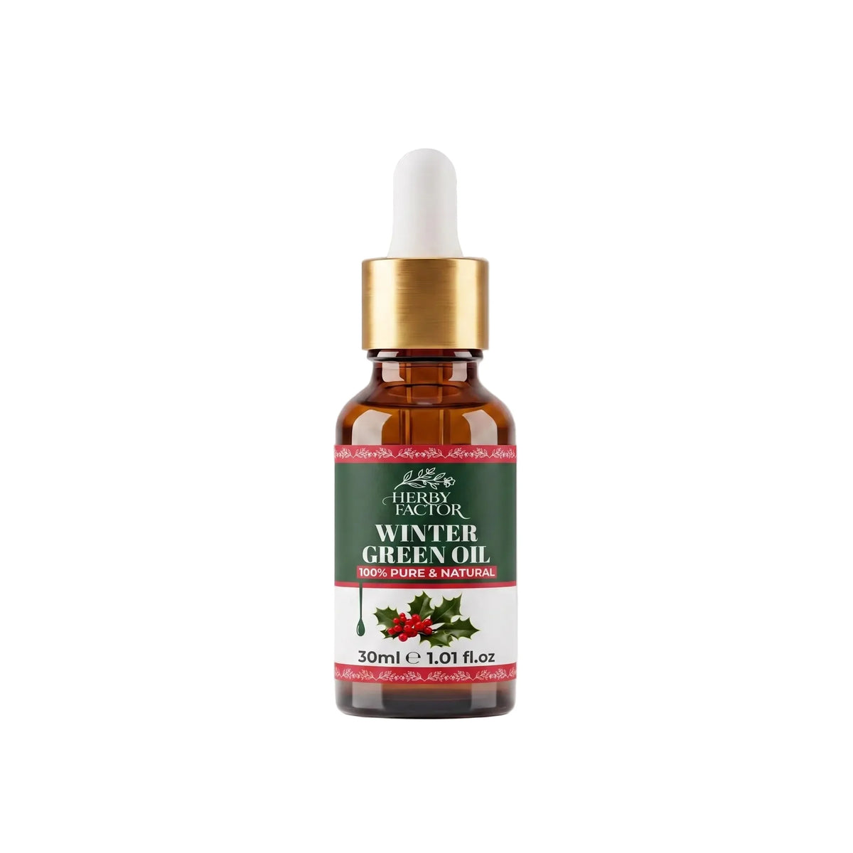 30ml amber glass dropper bottle of pure Wintergreen Oil (Gaultheria procumbens / Roghan-e-Gandhpura) by Herby Factor Pakistan